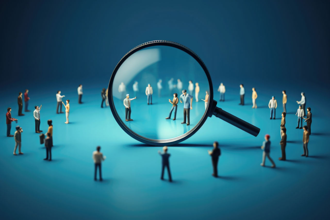 Magnifying glass looking for people on blue background. Searching candidates for employment in the labor market