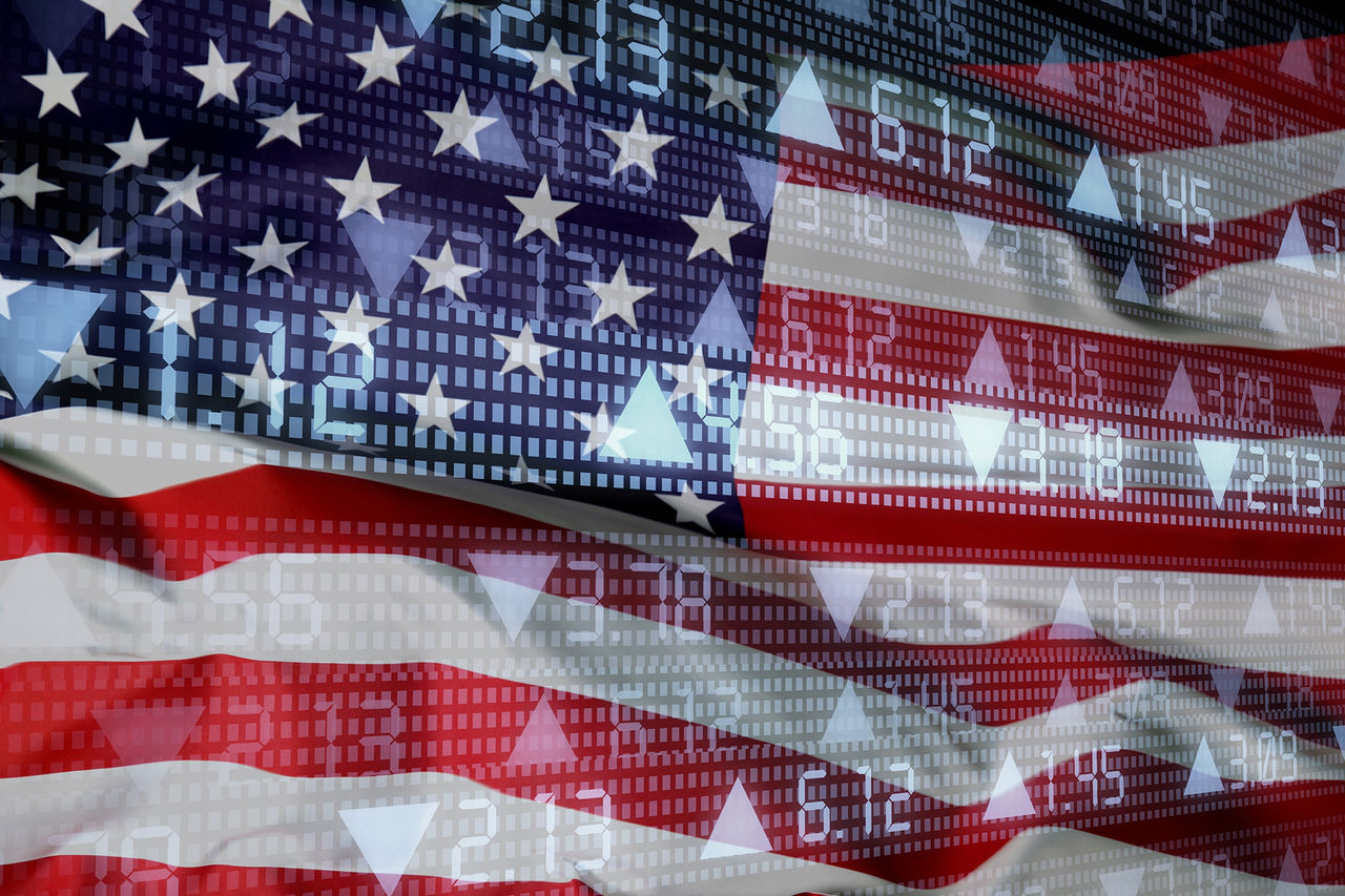 USA flag on with stock market graph, Forex trading and investment concept