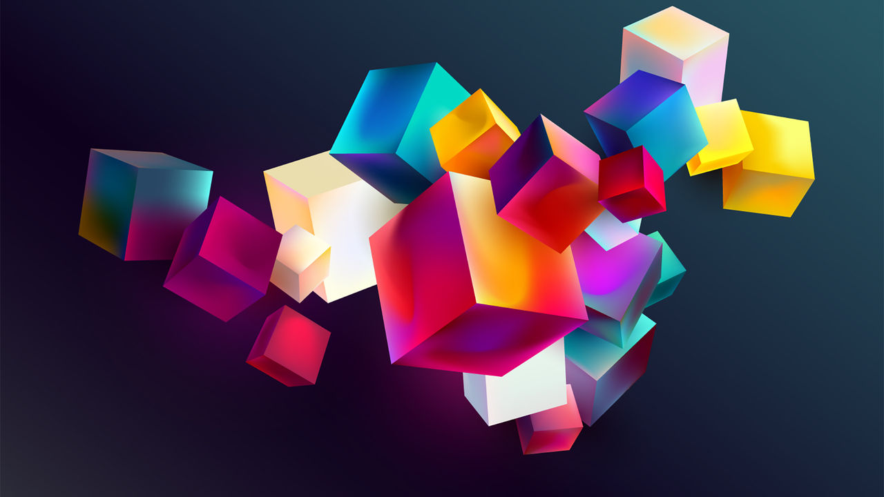 Colorful 3D cubes on dark background. Abstract geometric composition.	