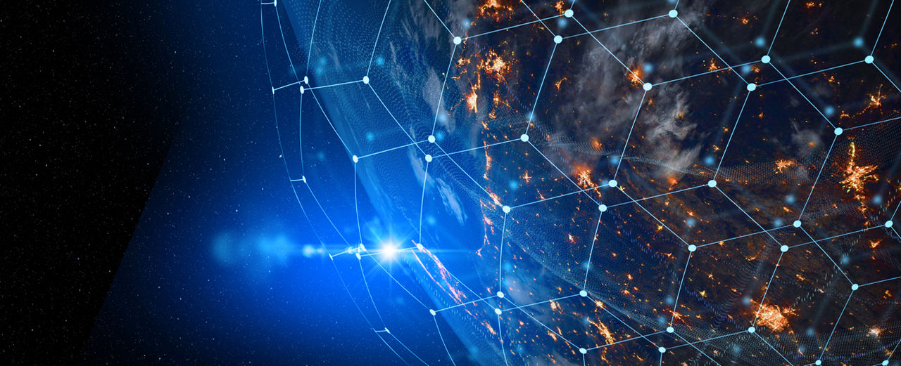 Communication technology for internet business. Global world network and telecommunication on earth cryptocurrency and blockchain and IoT. Elements of this image furnished by NASA