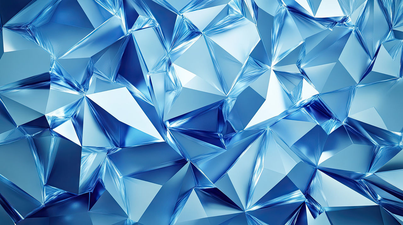 A stunning abstract background of interlocking blue crystal shapes, creating a dynamic and vibrant visual texture.