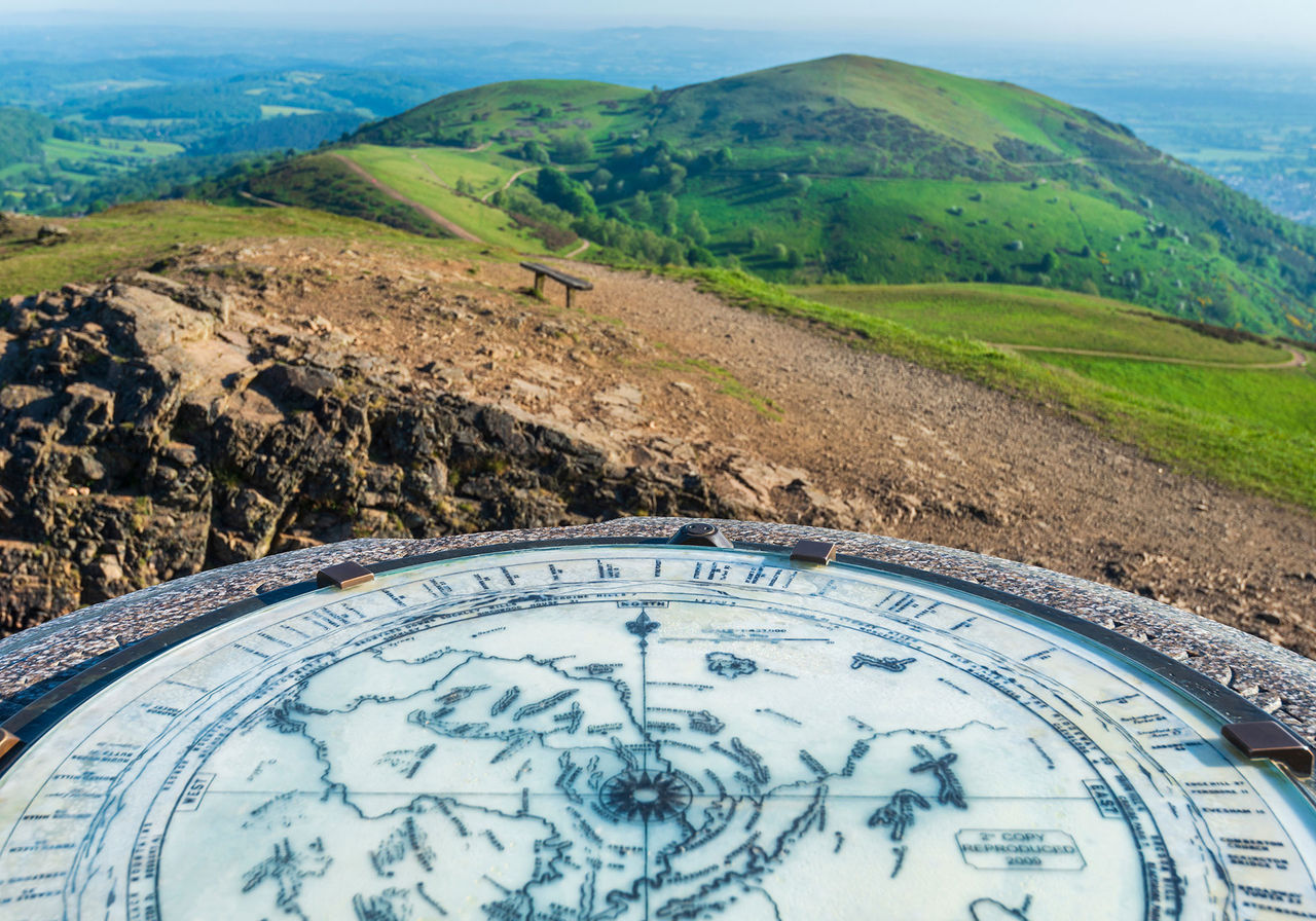 Closeup of Toposcope dial,Worcestershire Beacon,Malvern Hills,Worcestershire,England,UK.