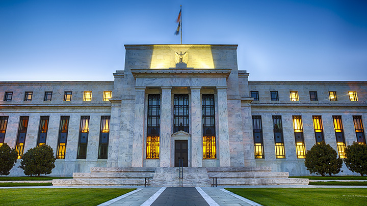 The Federal Reserve Building in downtown Washington DC, USA at night.  HDR image.