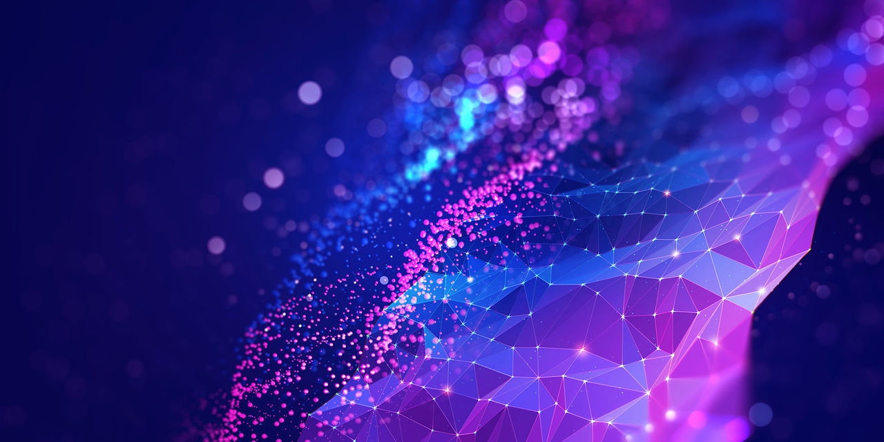 Abstract neural network 3D illustration. Big data concept. Global database and artificial intelligence. Bright, colorful background with bokeh effect