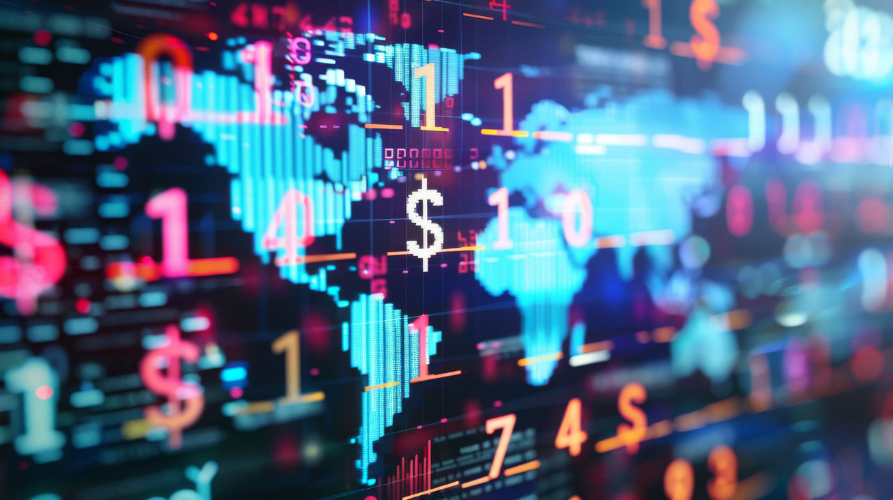 Global economy concept with currency symbols and world map abstract illustration background